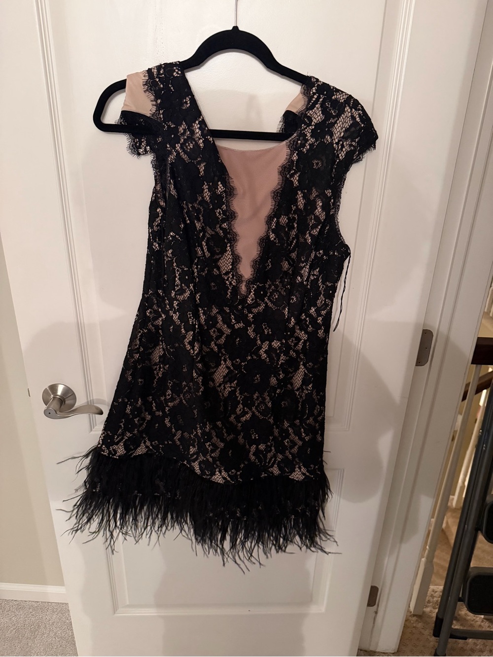 Aidan Mattox Black Lace over Nude Mini Dress with Feather Hem